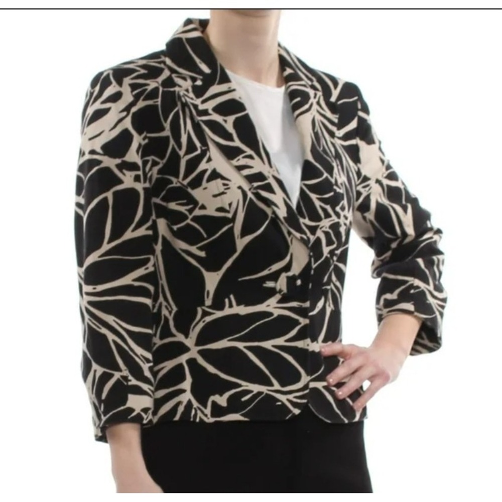 Anne Klein Blazer Women Size 8 Black Botanical Leaf Print Professional Chic